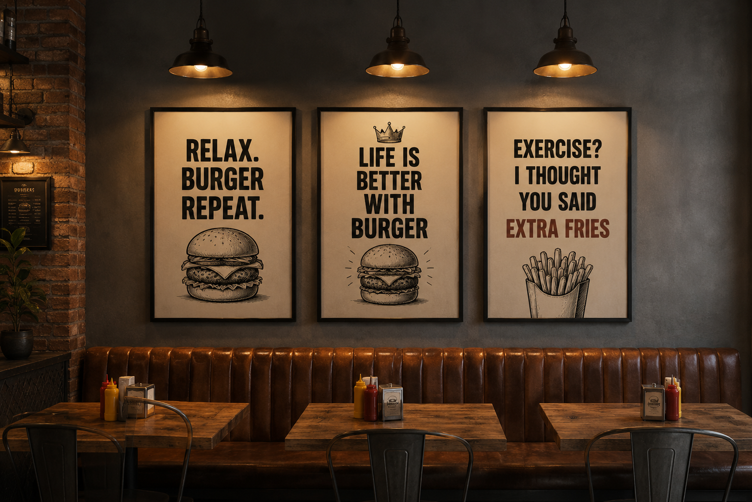 Gallery corporativa — três quadros verticais em restaurante