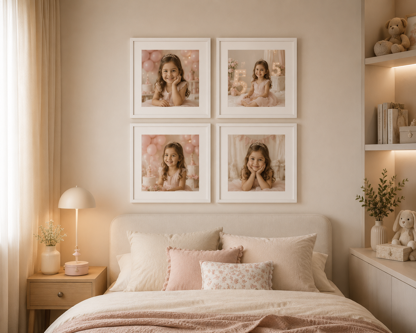 Quarto minimalista com dois quadros sobre a cama